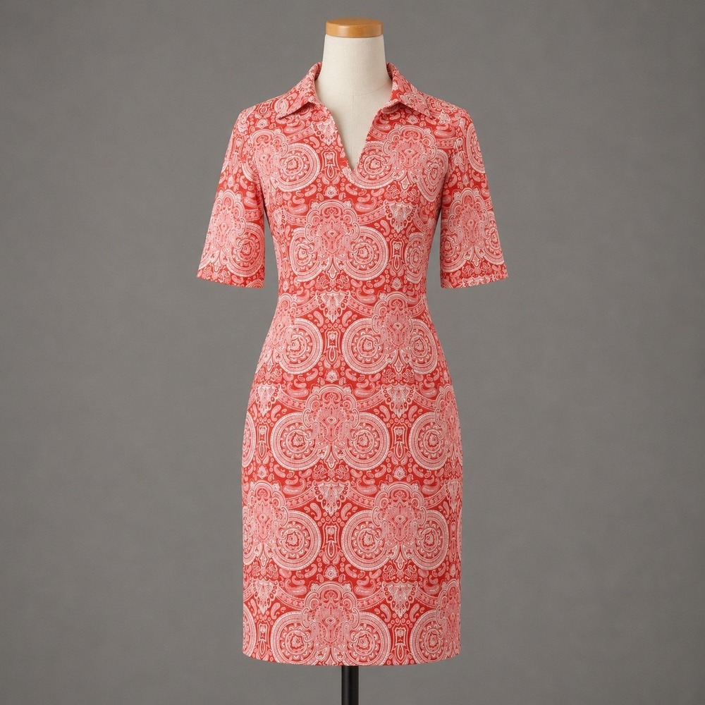 J.McLaughlin Sheath Dress 4 Red Paisley Medallion V-Neck Office Career Modest